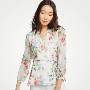 Ann Taylor Floral Wrap Top Blouse Sheer Winter White